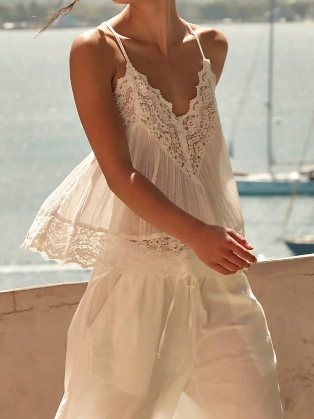 White Lace Detailed Pleated Flowy Camisole Top